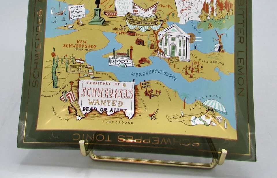 Vintage Schweppsylvania Schweppes Advertising Glass Tray Map Barware Recipes - Image 3 of 4