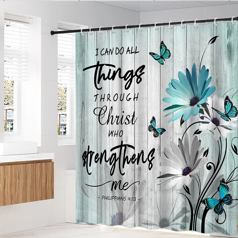 Christian floral shower curtain with Philippians 4:13 verse and butterflies - Image 3 of 4