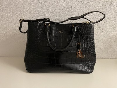 Lauren by Ralph Lauren Black Croc Embossed Leather Bag