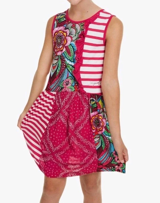 Desigual Mixed Print Dress Girls Size 11/12 Red White Stripe & Tropical