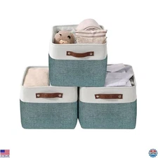 DECOMOMO Large Green & White Fabric Storage Bins - 3 Pack Baskets for Organizing