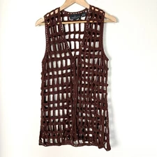 Vintage 90s Open Crotchet Cardigan Brown Womens Large Boho Festival Granny Hippy