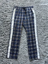 Burberry Pants Womens 6 Blue Silk Scribble Stripe Check Sideline Canvas Trousers