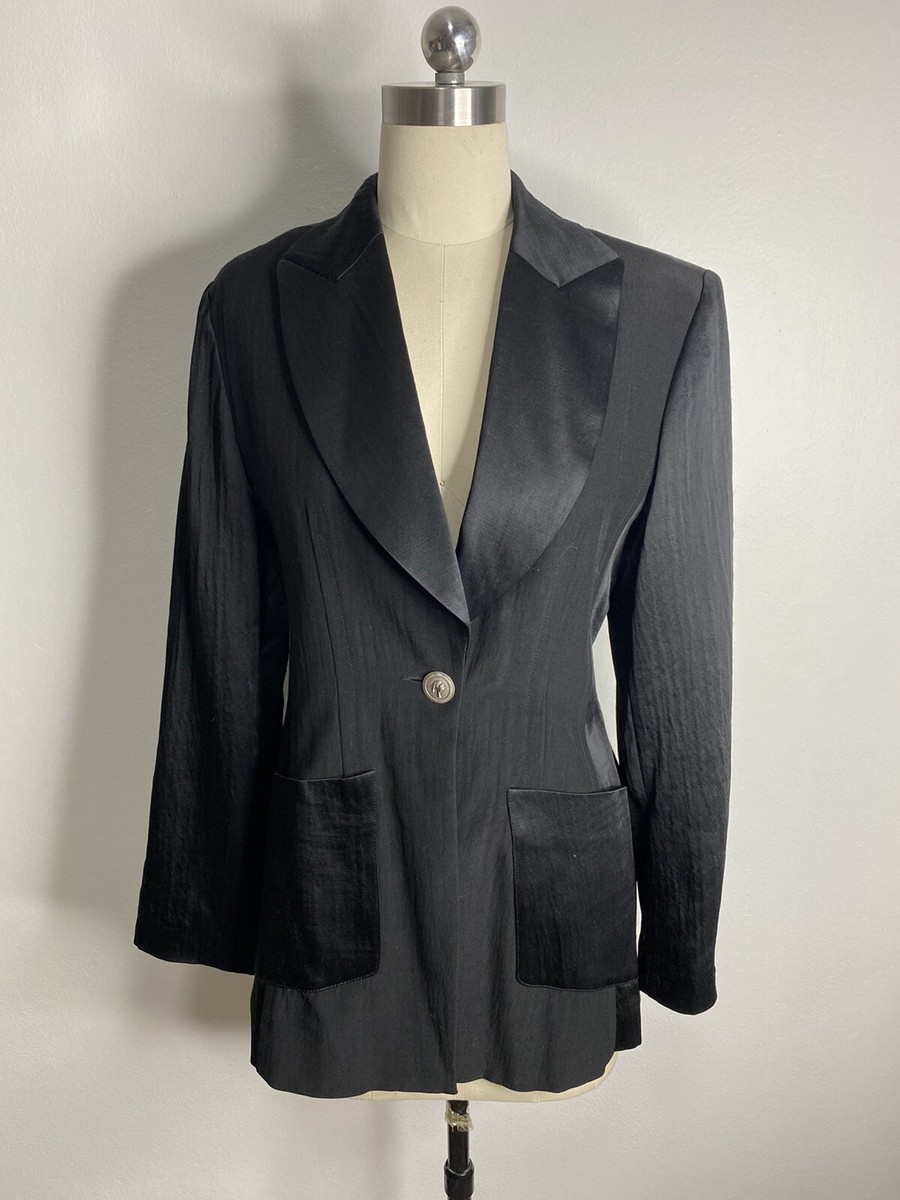 Vintage Susie Gallagher Size 8 XS Wool Satin 90s Black Blazer