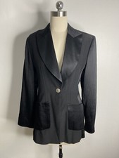 Vintage Susie Gallagher Size 8 XS Wool Satin 90s Black Blazer Sleek Jacket Y2K