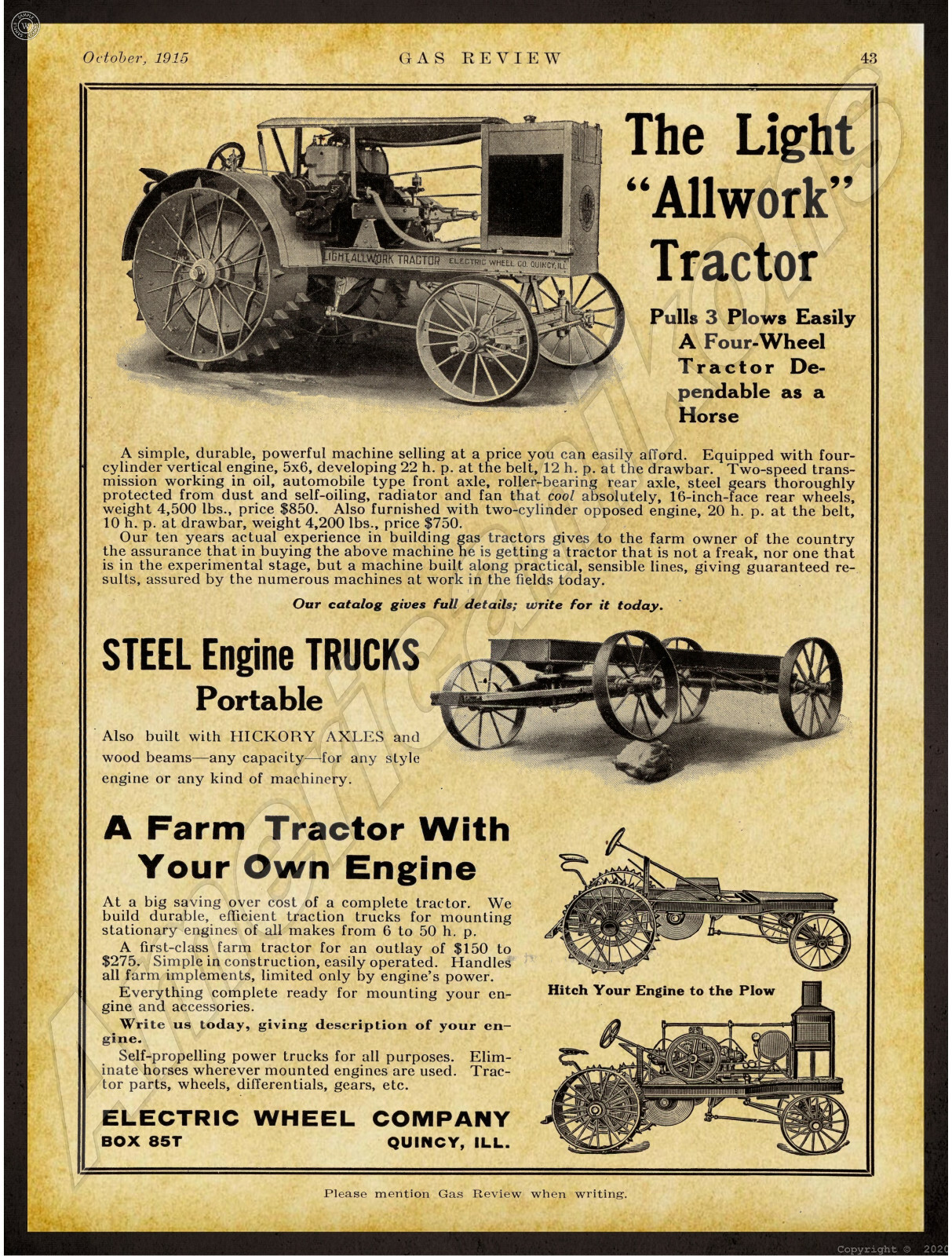 1915 Electric Wheel Company New Metal Sign Allwork Tractor Quincy