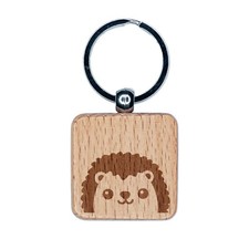 Peeking Hedgehog Engraved Wood Square Keychain Tag Charm