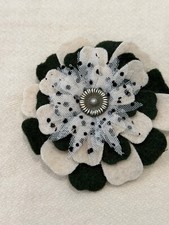 Wool Flower Brooch Pin with Vintage Button - Hand Sewn