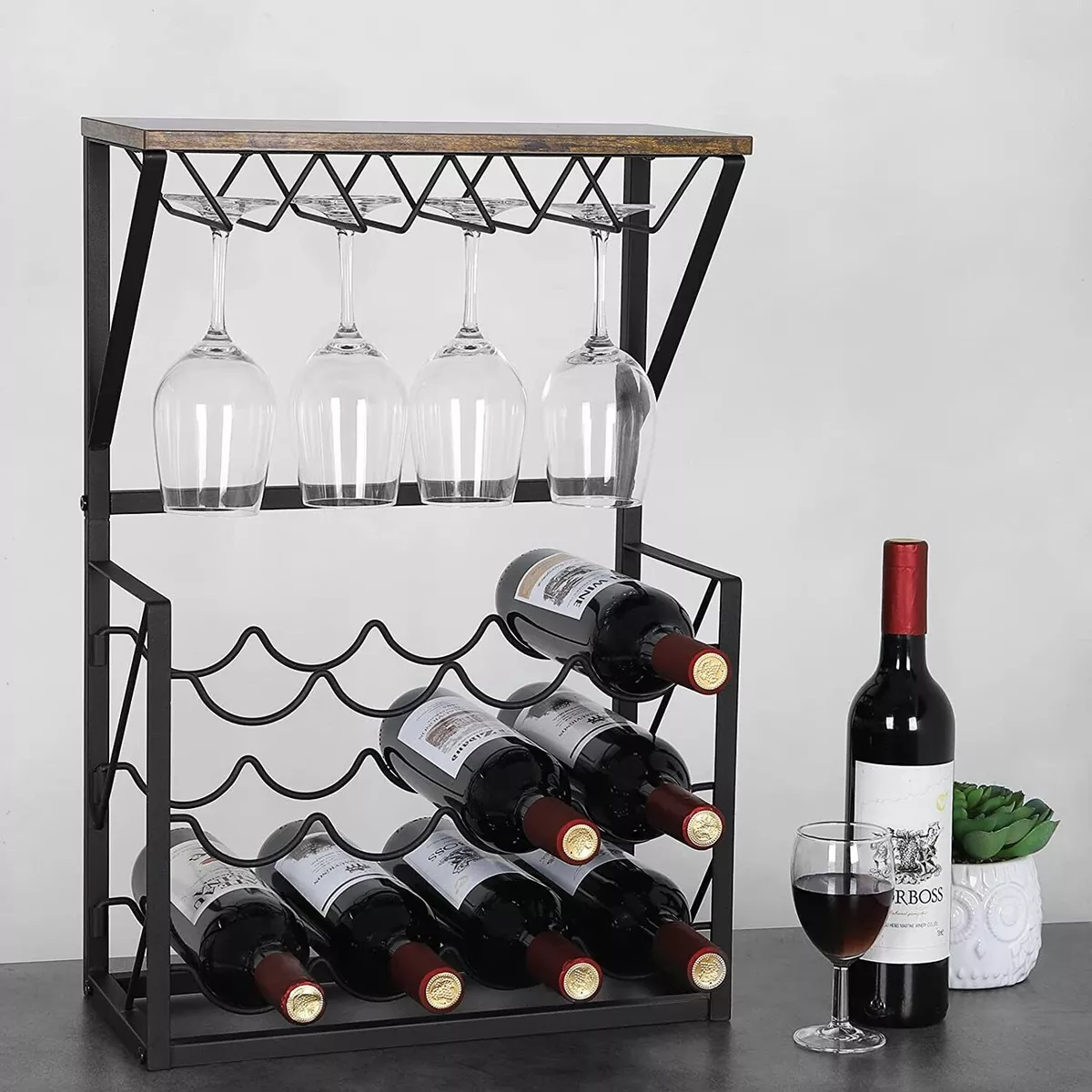 Countertop Wine Rack Wine Glass Holder Freestanding Wood 12