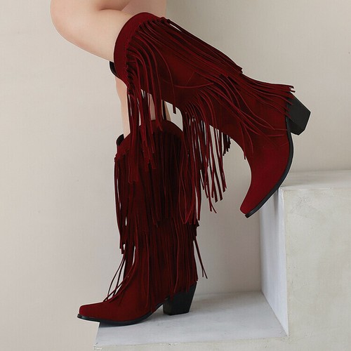 Womens Knee High Boots Mid Chunky Block Heels Tassels Western Riding Boot Autumn