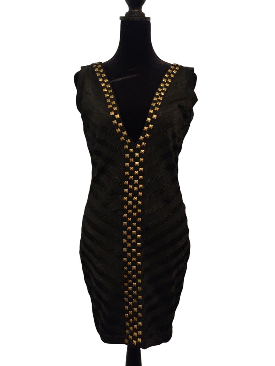 Wow Couture Women's Studded Bandage Bodycon Deep V-neck Stretchy Dress Sz L