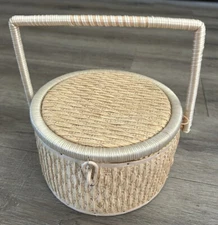 Vintage Sewing Basket Beige Green Satin Lining Raffia Exterior Round Japan EC