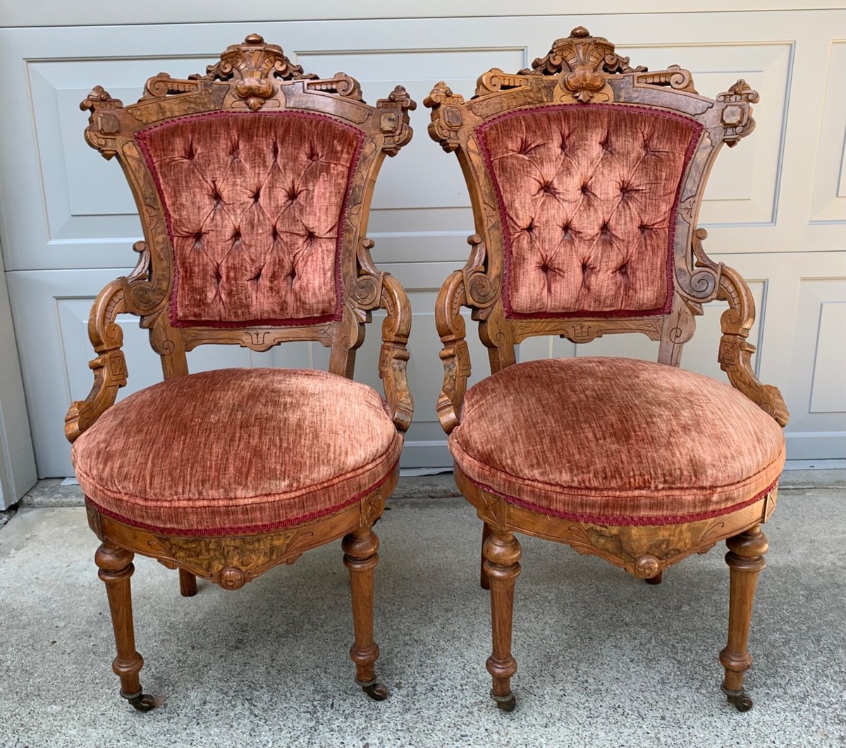 ANTIQUE VICTORIAN PAIR OF EASTLAKE VELVET UPHOLSTERED TUFTED BACK 