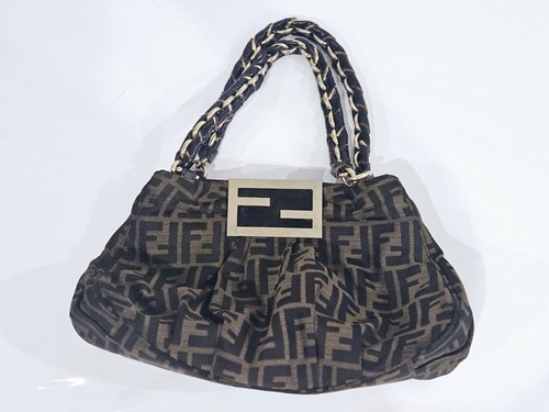 Fendi Zucca Print Canvas Mia Small Tote Bag Shoulder Chain Handbag Brown Luxury - 第 1/11 張圖片