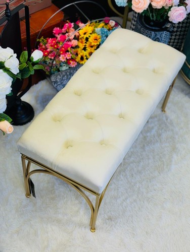Tufted button seating bench with Gold metal legs -Cream White 80x36x42 - Picture 16 of 24