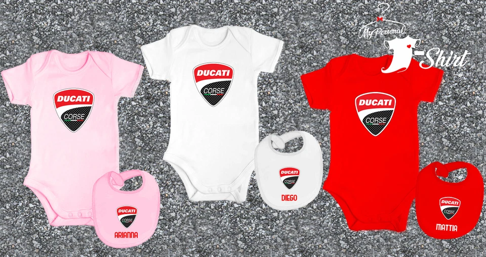 COORDINATO BODY BAVAGLINO NEONATO DUCATI CORSE BIANCO O ROSSO + NOME IDEA REGALO