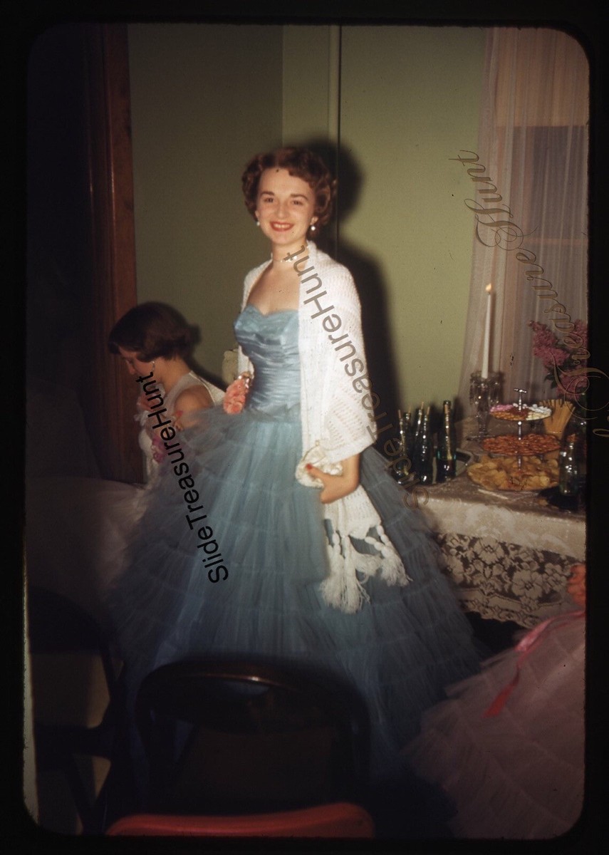 pretty woman dress blue white Fashion 1950s 35mm Slide Red Border Kodachrome Polka dot dress Tuxedo Mermaid Gown With USA0720 Apparel FF this short floral sundress Color:Sage Blossom