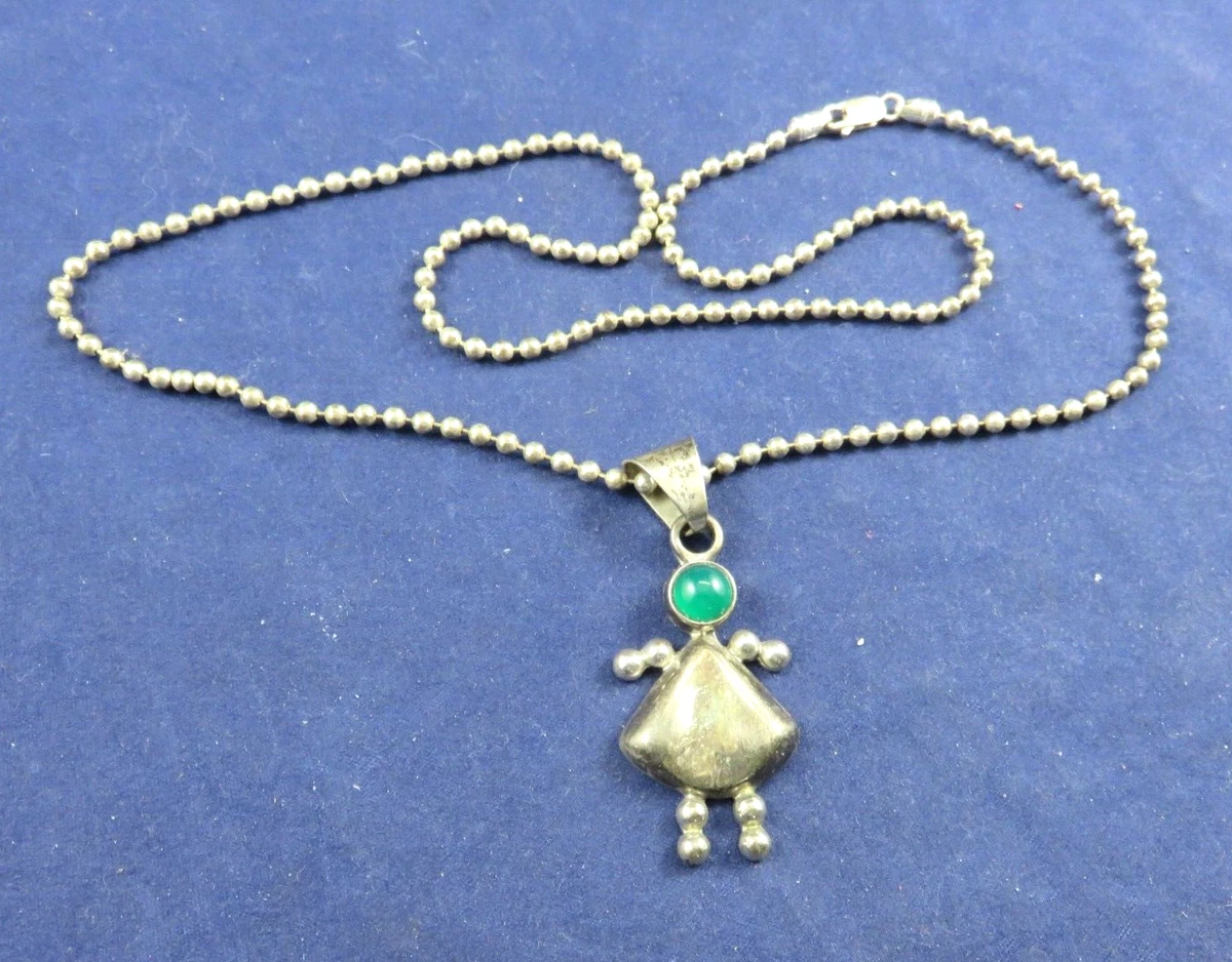 23 INCH STERLING TINY BALL CHAIN WITH GIRL FIGURE WITH GREEN STONE
