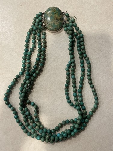Vintage Sterling TIL Stone Mountain? Dark Green Turquoise Strand Necklace *read