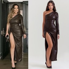 House of CB- Octavia Dress Slit Thigh One Shoulder Maxi Dress Size XS Brown