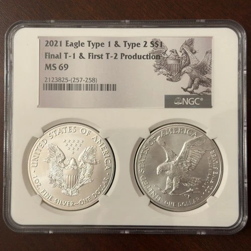 2021 $1 Silver Eagle 2 Coin Set Final Type 1 & First Type 2 NGC MS69 Multiholder