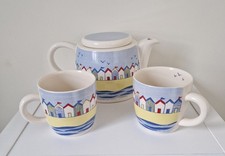 Poole Pottery Beach Huts Teapot & mugs. Made in England.