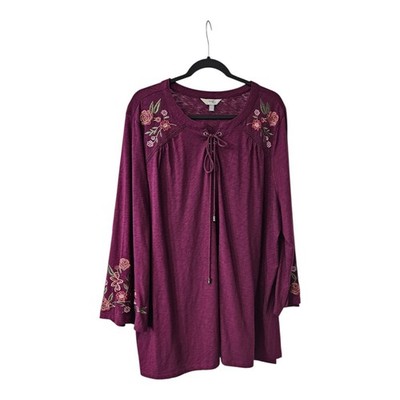 Terra Sky Womens 2X Blouse Embroidered Floral Split-Neck Lace-Up Flare Sleeves