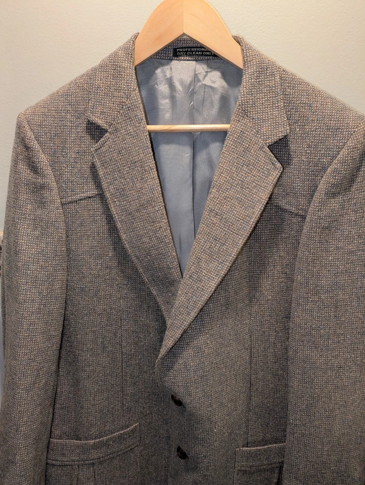 Vintage Tweed Blazer Jacket 44R Blue Wool Tweed USA Made - Image 2 of 4