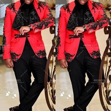 Luxury Men's Suit for Prom Hand-make Black Rhinestone Jacket Pants Red 2Pcs