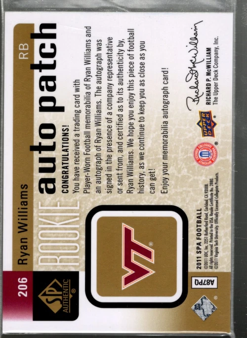 B3818- 2011 SP Authentic #206 Ryan Williams Auto Jersey /299 SAMPLE PIC - Image 2 of 2