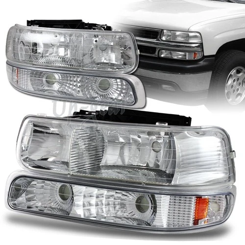 For 1999-2002 Chevy Silverado 2 Piece Chrome Housing Headlights + Bumper Lamps