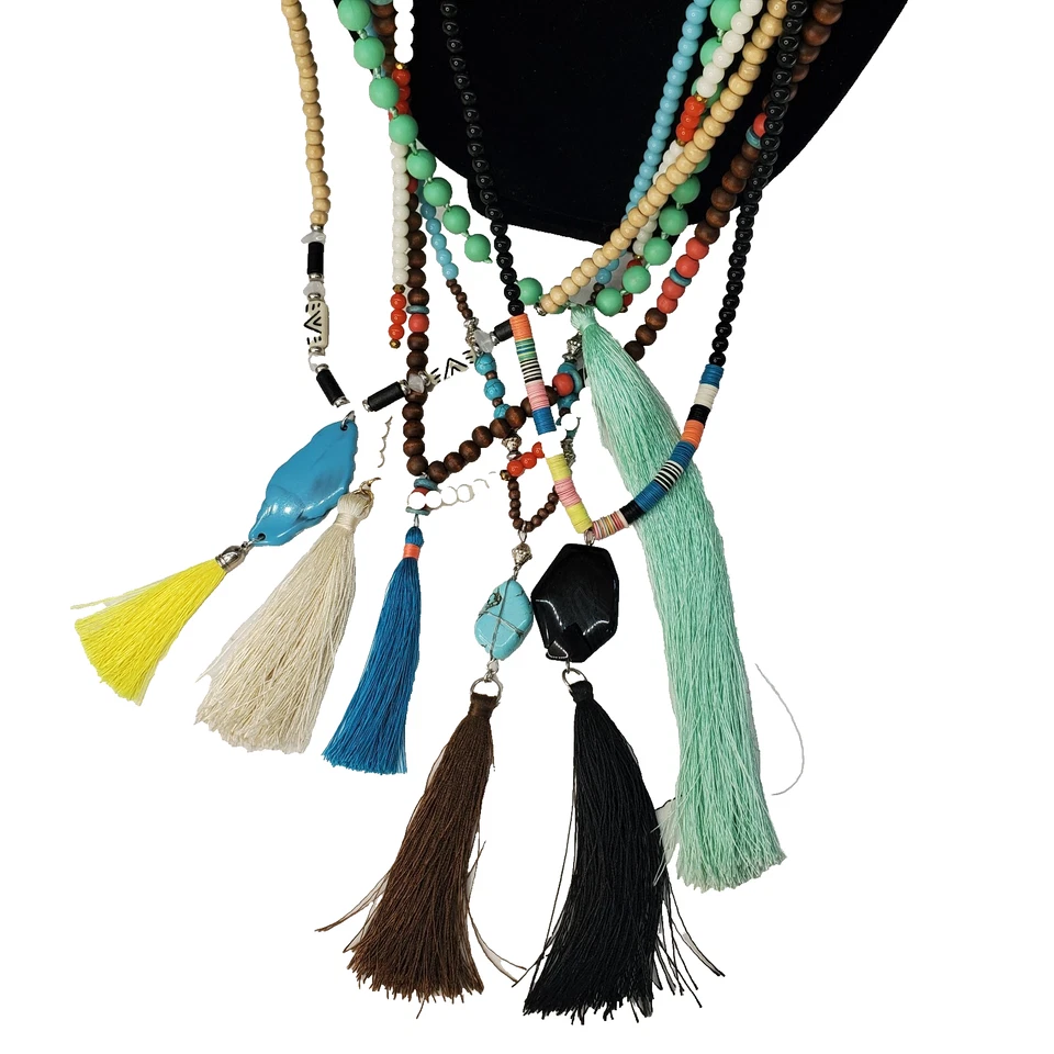 6 Beaded Tassel Necklaces - Wood & Faux Turquoise & Bone & Shell Multicolor Long - Image 3 of 4