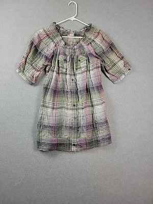 Maurices Green Plaid SS Button Up Smocked Tunic Peasant Top Women's Plus 1 1X