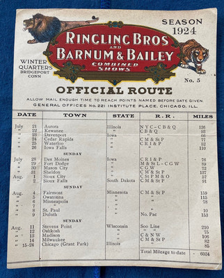 1924 Ringling Bros and Barnum & Bailey Handbill of Official Schedule July/Aug