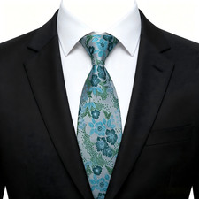New Classic Floral Light Blue Green Woven Skinny Silk Men's Tie Necktie 3.15'8cm