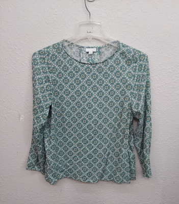 J Jill Top Blouse Womens Small Green Allover Print Long Sleeve Pleated Back