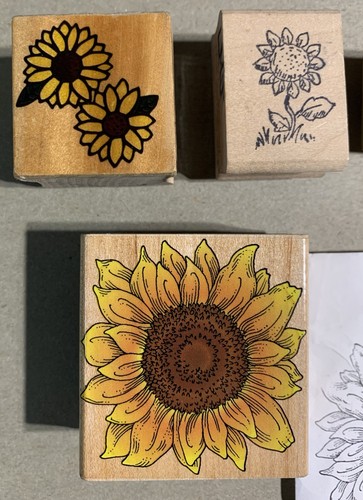 4 estampillas de goma vintage montadas en madera - girasoles y texto "Saludos desde..." - Imagen 2 de 3