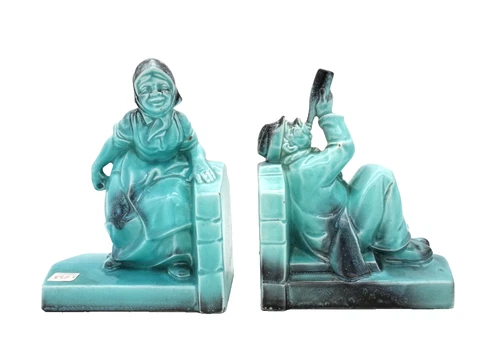 ANTIQUE CERAMIC BOOKENDS ART DECO FIGURINES COULE GREEN FRENCH DRUNK SCULPTURES
