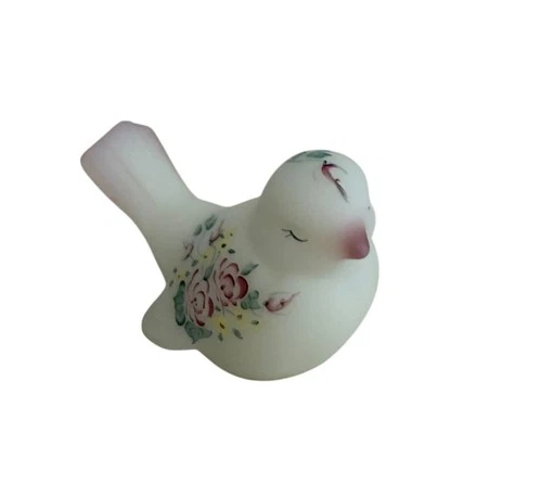 Fenton Hand-Painted White Satin Glass Bird Figurine By Sue Howell With Floral De