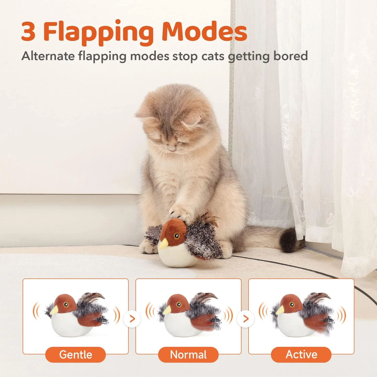 Rechargeable Flapping Bird Cat Toy Touch Activated Chirping Sparrow Catnip