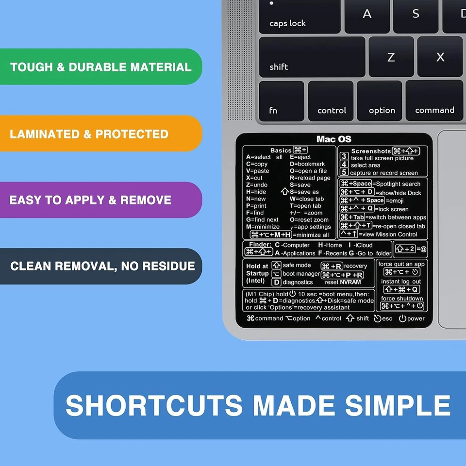 MacBook Shortcuts Sticker (2-Pack) Mac OS Cheat Sheet | Fits Pro/Air M1 M2 M3 M4 - Image 3 of 4