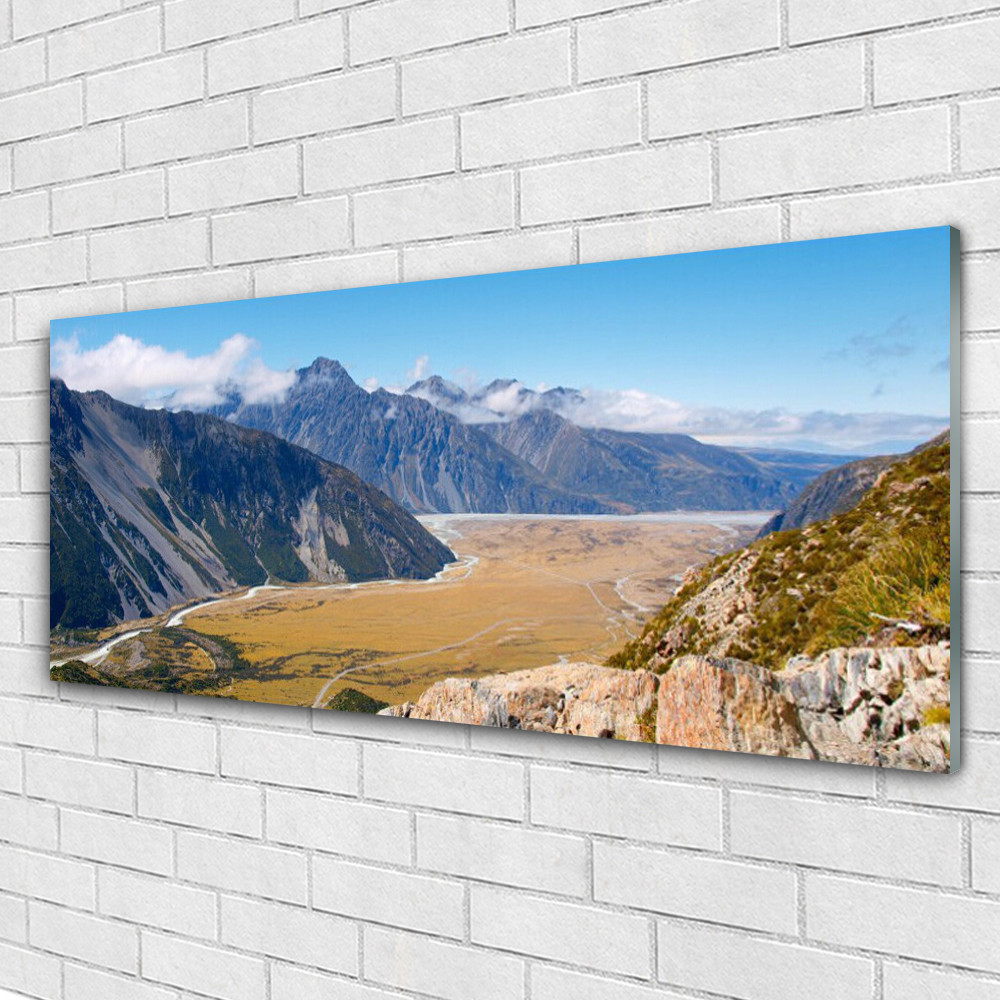 Tableau montagnes en verre acrylique 125x50 cm pour illuminer un salon style chalet moderne