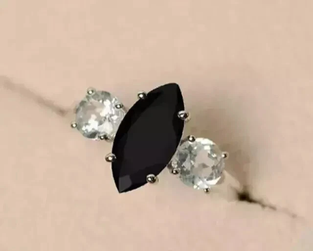 2 Ct Marquise Lab Created Black Diamond Women Wedding Ring 14K White Gold Plated