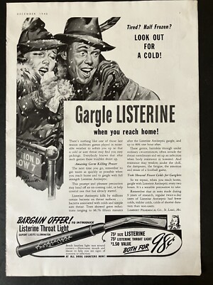 1940 Listerine Antiseptic Gargle When Home Throat Light Offer Vintage Print Ad