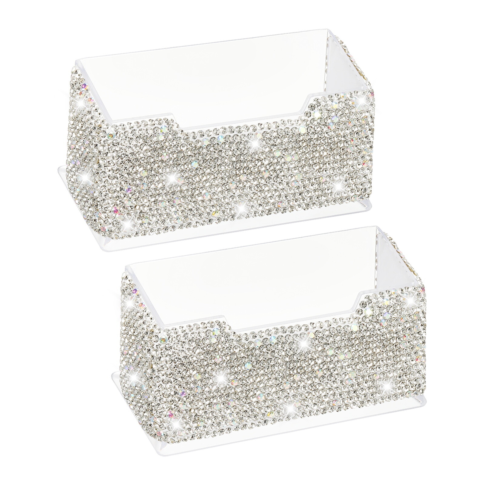 Elegant Rhinestone Business Card Stand Set - 2Pcs White Display Holders  