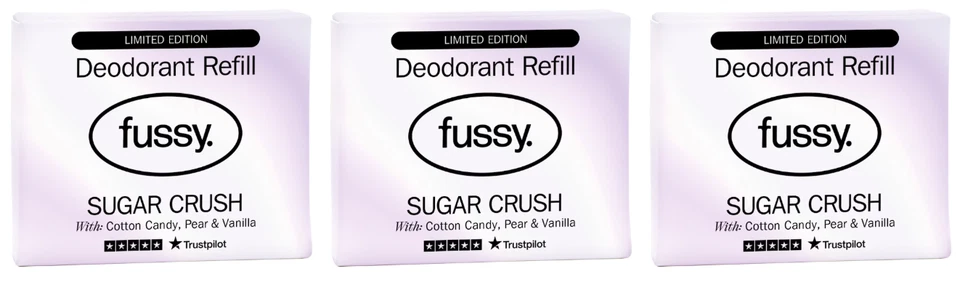 3 x Fussy Deodorant Refills. Limited Edition Sugar Crush. All Natural Product.