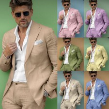 Linen Cotton Men's Suits 2Pcs Peak Lapel Summer Formal Blazer Wedding Tuxedos