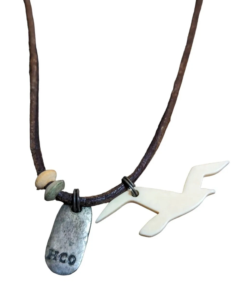Hollister HCO Leather Necklace Shell Bird Surfer Adjustable Beach Men Leather