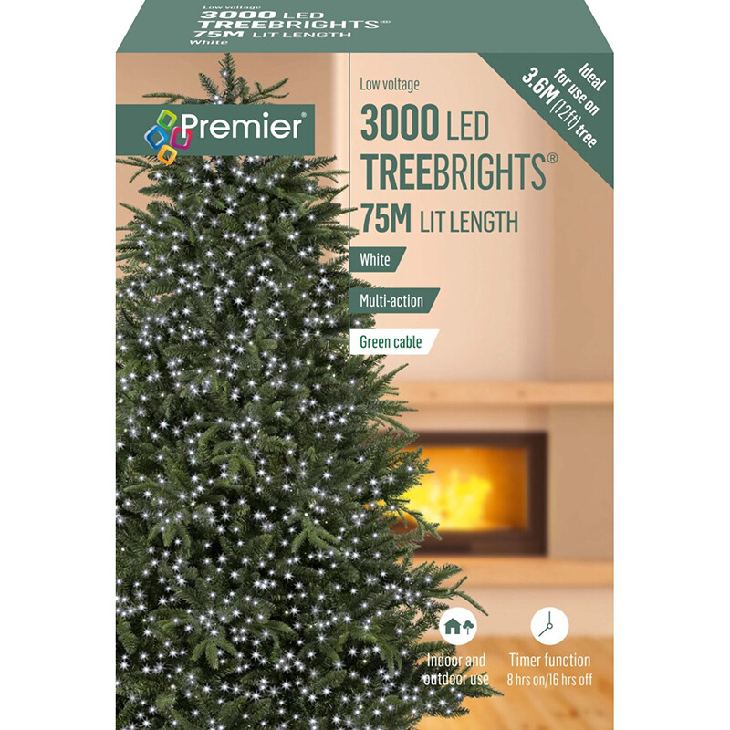 Premier 3000 LED Multi-Action TreeBrights Christmas Lights with Timer - WHITE