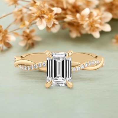 14k Yellow Gold Wedding Ring 1.10 Ct Emerald Cut Lab Grown IGI Certified Diamond
